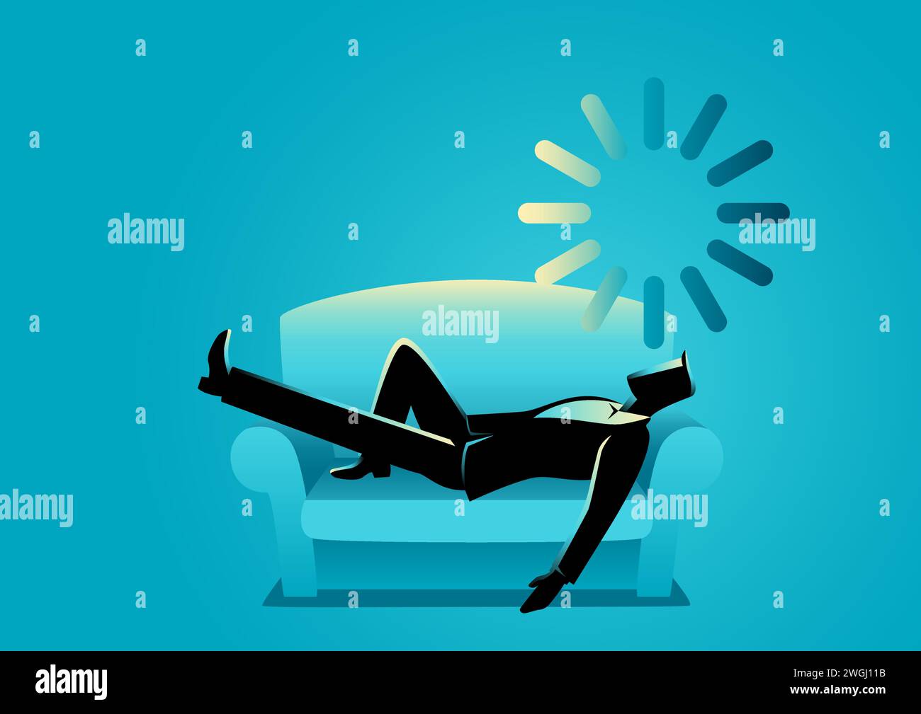 Illustration d'affaires d'un homme d'affaires prenant une sieste sur un canapé avec l'icône de chargement sur sa tête, reposant, concept de retard Illustration de Vecteur