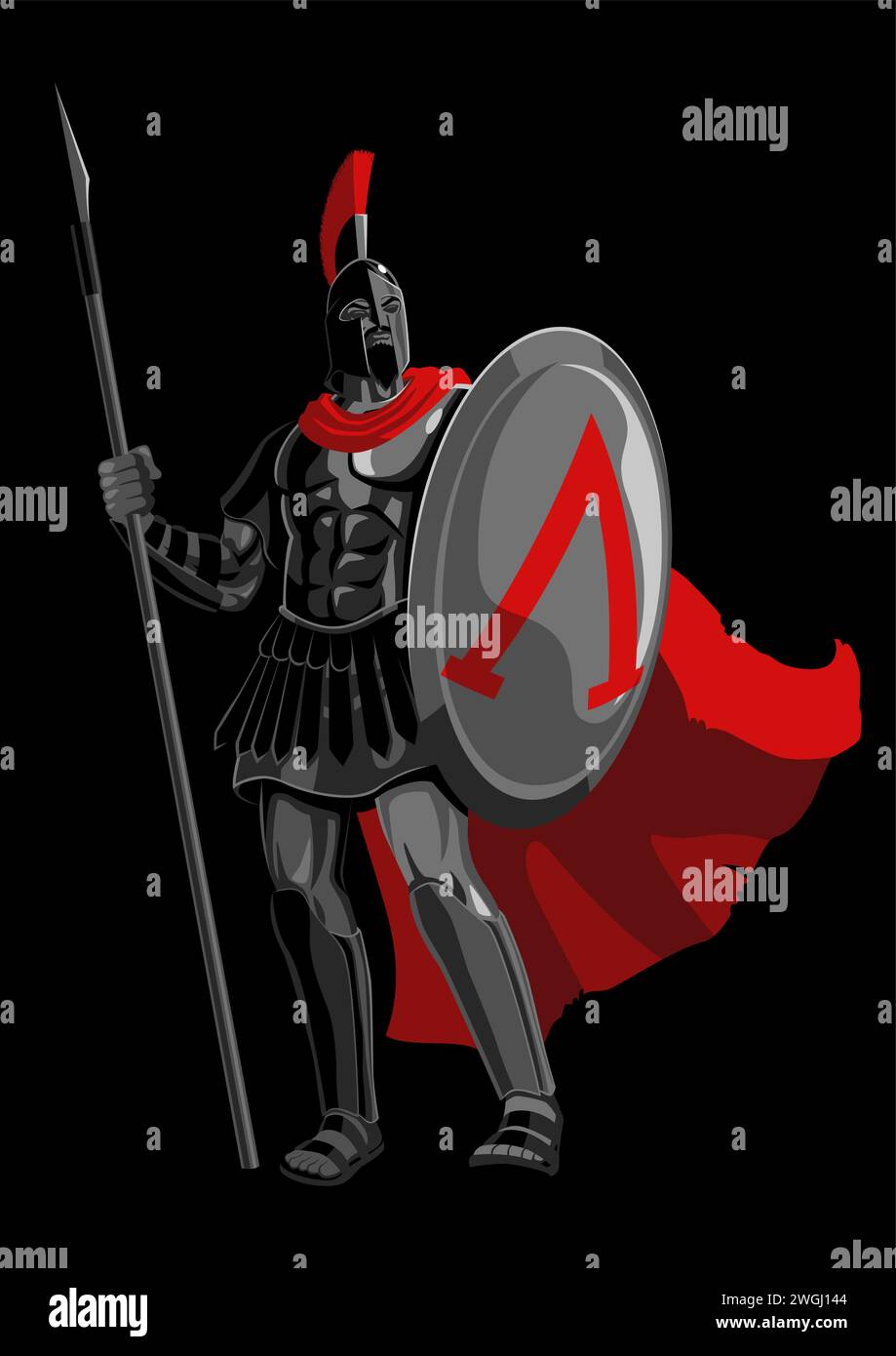 Illustration vectorielle plate simple d'un ancien guerrier spartiate portant une armure et un manteau rouge Illustration de Vecteur