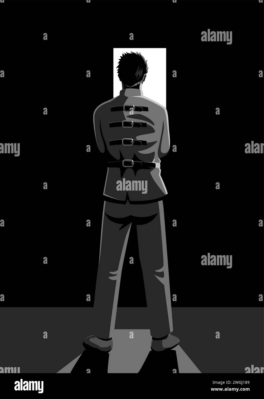 Personne malade mentalement regardant dans une petite fenêtre avec une lumière vive portant une veste de force Illustration de Vecteur