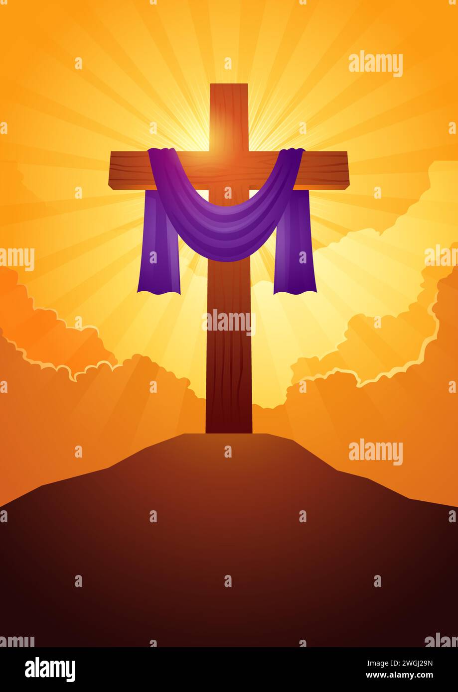 Série d'illustration vectorielle biblique, croix en bois avec ceinture violette sur fond de nuages, pour vendredi Saint, résurrection, pâques, thème du christianisme Illustration de Vecteur