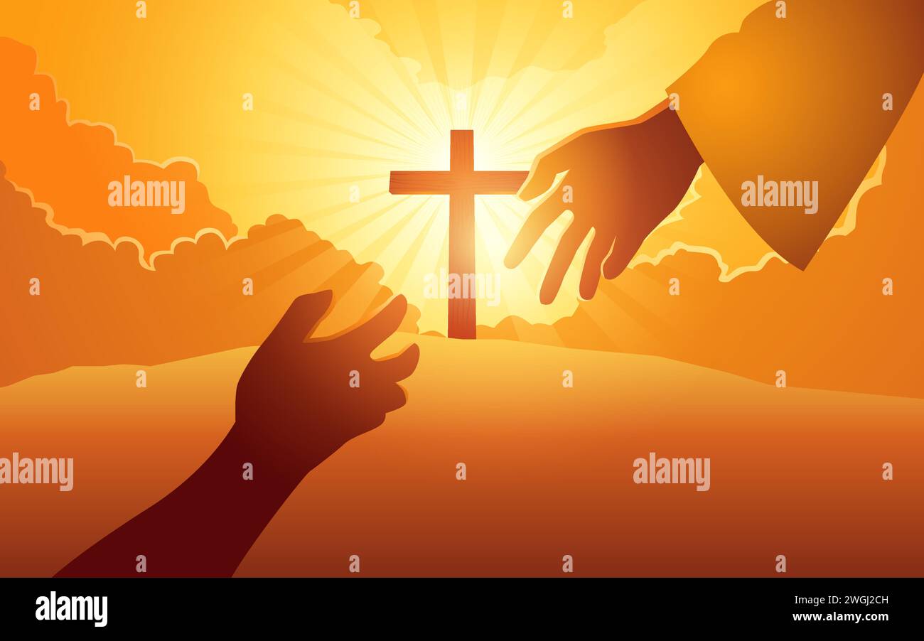 Série d'illustration vectorielle biblique de la main de Dieu atteignant la main humaine avec la croix sur la colline comme arrière-plan. Espoir, aide, Dieu miséricorde concept Illustration de Vecteur