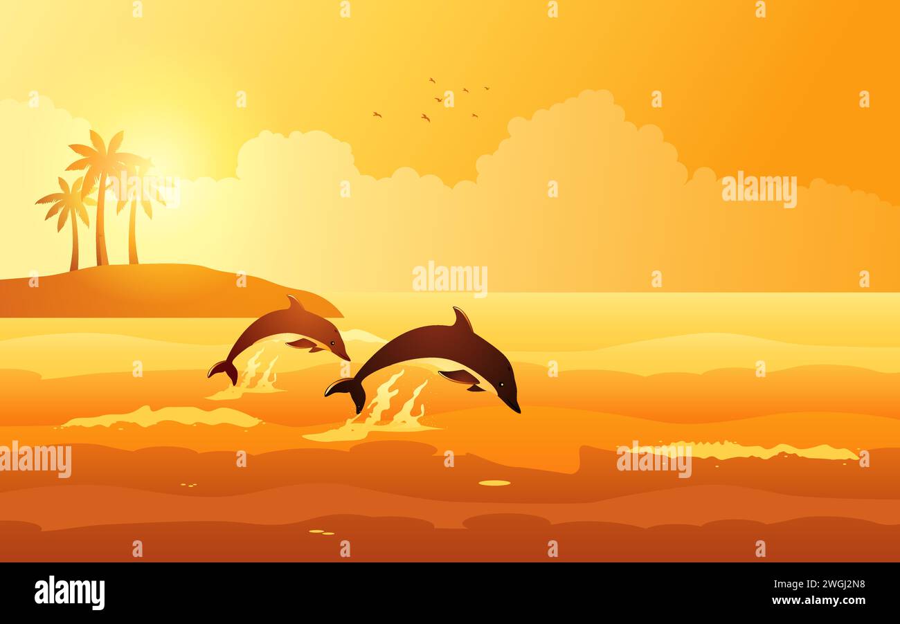 Beau panorama du coucher de soleil sur la plage, dauphins jouant près de l'île tropicale, illustration vectorielle Illustration de Vecteur