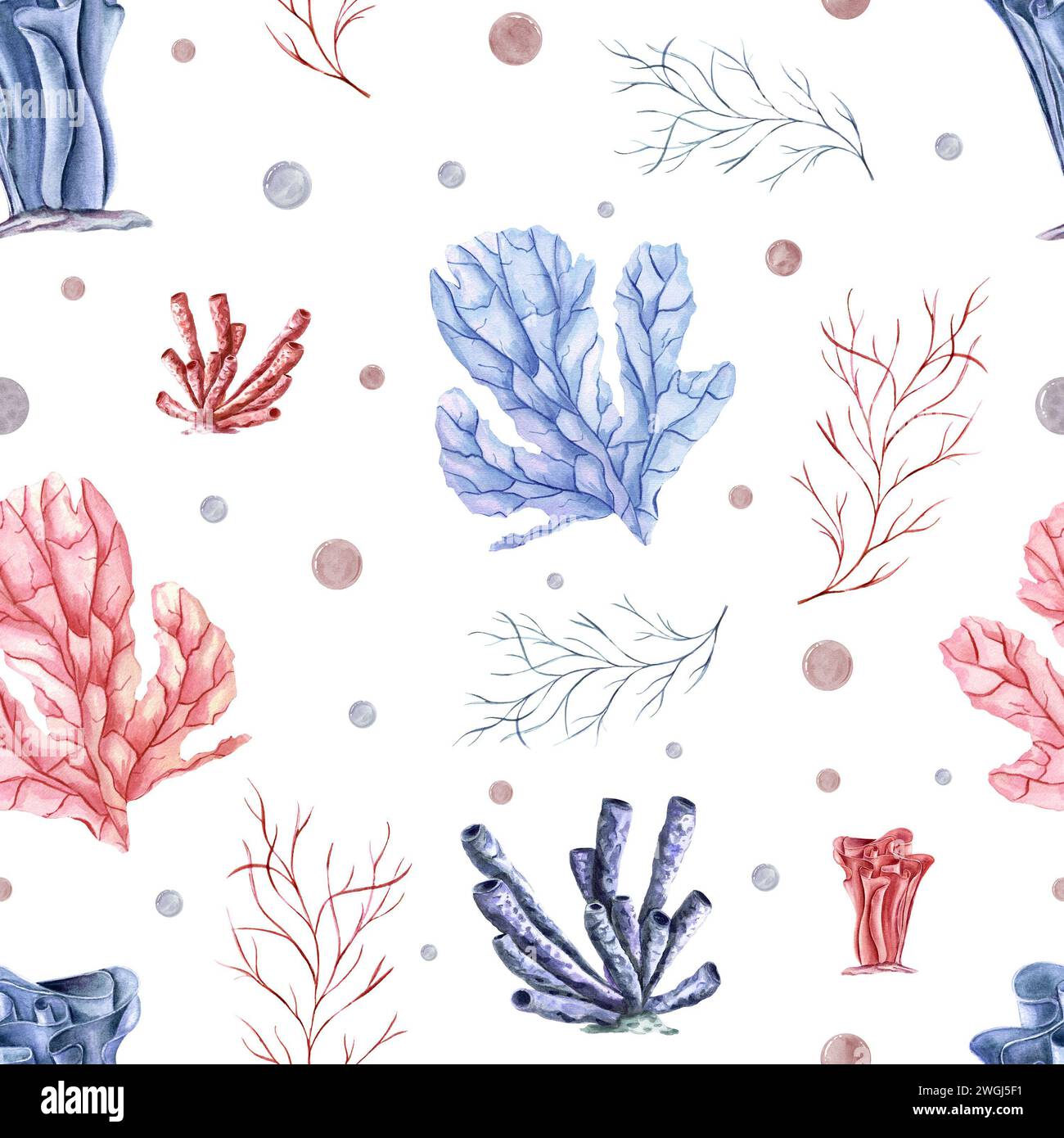 Modèle sans couture avec des polypes sous-marins, des plantes et des bulles d'eau. Coraux bleus, roses. Faune des récifs coralliens. Illustration aquarelle pour textile, tissu Banque D'Images