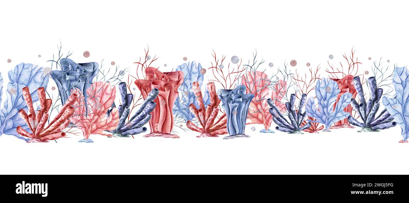 Bannière horizontale sans couture avec coraux sous-marins, plantes. Polypes colorés. Le monde sous-marin du lagon. Faune marine. Illustration aquarelle pour textile Banque D'Images