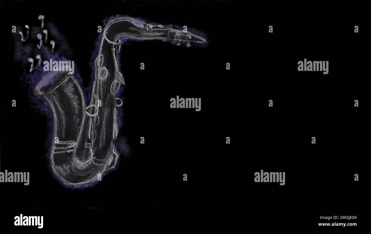 Saxophone dessiné à la main avec des notes émergeant de son cône. Espace pour le texte. Banque D'Images