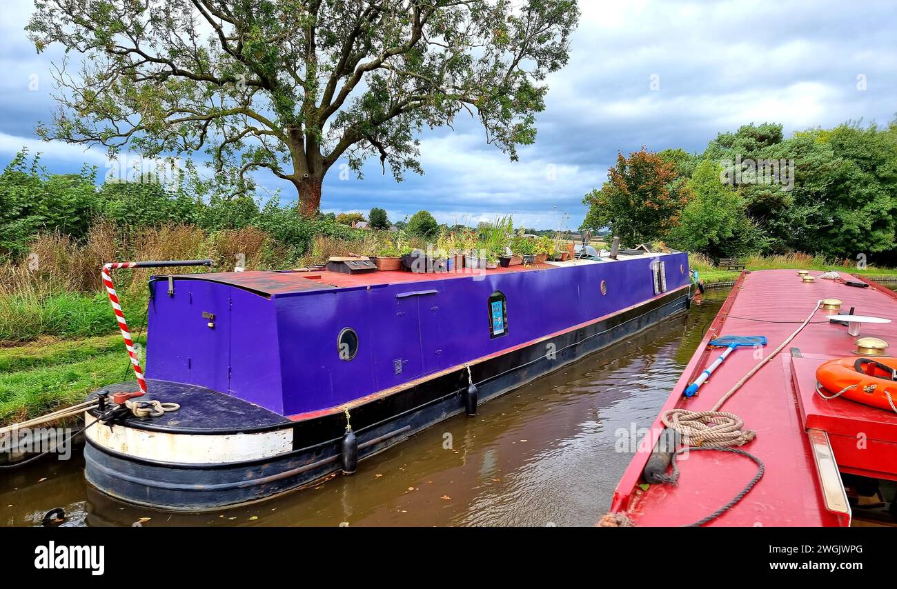 Glisser le long du canal Llangollen à travers la vallée de la Dee dans le nord du pays de Galles dans un bateau étroit à fond plat à une vitesse maximale de 4 miles / heure est l'une des vacances les plus relaxantes et mémorables. L'aqueduc est l'un des plus grands exploits d'ingénierie sur le réseau de canaux et un bateau étroit, (un engin spécialisé pour opérer sur les canaux étroits d'Angleterre, d'Écosse et du pays de Galles) est la meilleure façon de le naviguer. Une section de 18 km du canal allant du pont Gledrid près de Rhoswiel aux chutes Horseshoe, qui comprend l'aqueduc de Chirk et l'aqueduc de Pontcysyllte, a été déclarée patrimoine mondial S. Banque D'Images