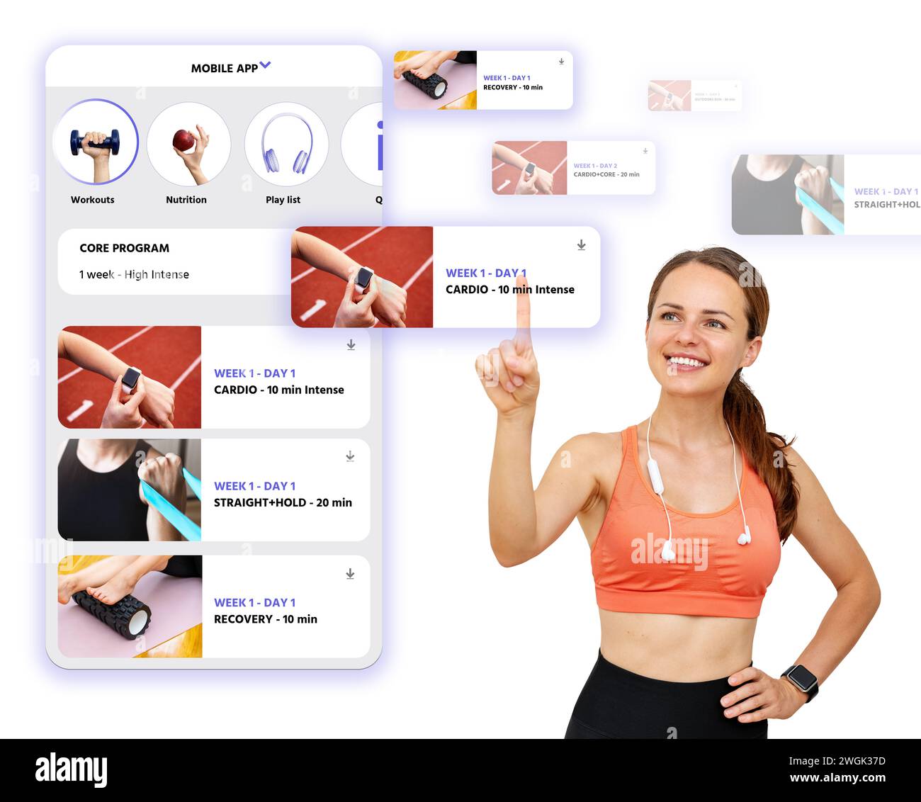 Femme sportive dans les vêtements de sport choisissant l'entraînement de remise en forme dans l'application mobile. Infographies d'écran virtuel et personne sportive féminine. Banque D'Images