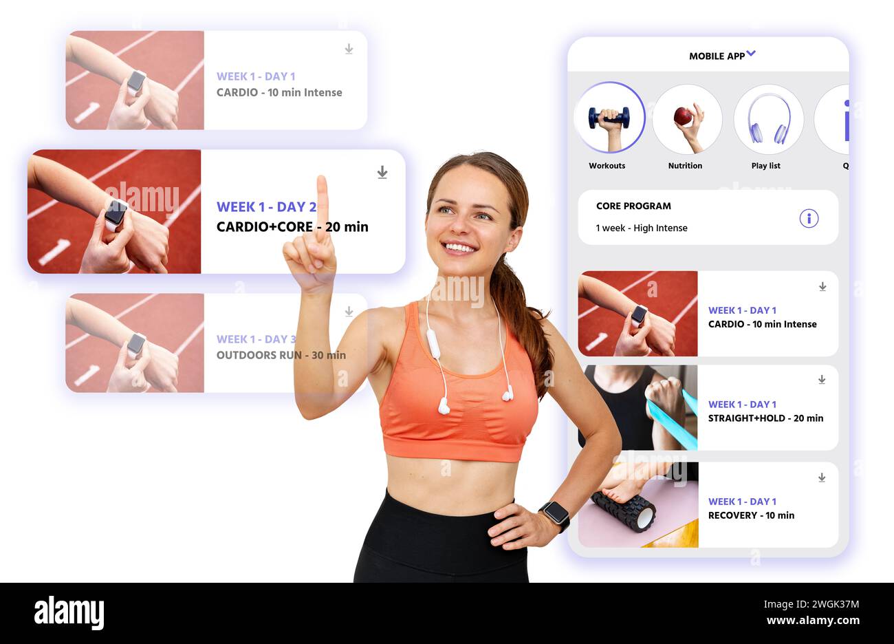 L'athlète féminine sélectionne un programme d'entraînement sur un écran virtuel. Fitness en ligne et interface de l'application mobile fitness. Banque D'Images