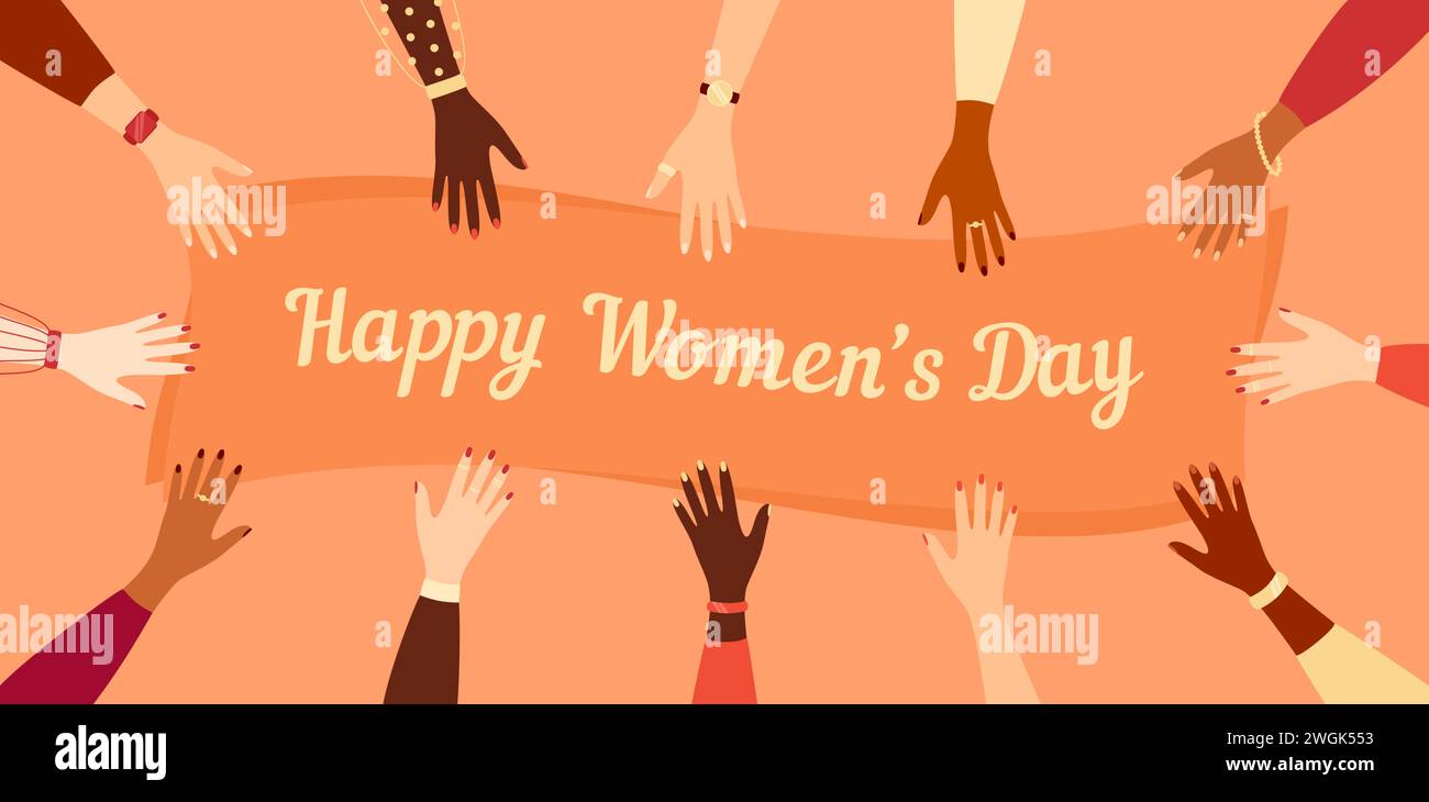 Mains de femmes de différentes nationalités tendre la main à une bannière de salutation avec le texte Happy Women's Day. Illustration vectorielle dans un style plat Illustration de Vecteur