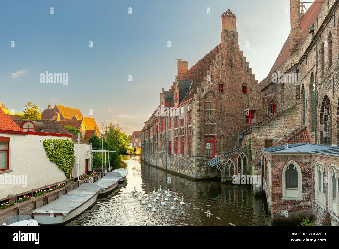 Hôpital de Saint Jean au coucher du soleil, heure de l'or, Bruges, Belgique. Banque D'Images