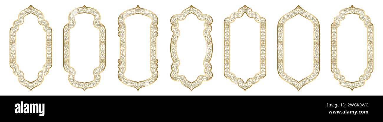Porte ou fenêtre islamique en forme de cadre en arc d'or avec motif de girikh géométrique, arche arabe silhouette. Collection dans le style oriental. Cadres en arabe Illustration de Vecteur