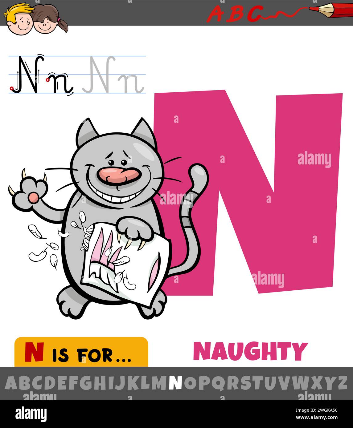 Illustration éducative de dessin animé de la lettre N de l'alphabet avec chat méchant Illustration de Vecteur
