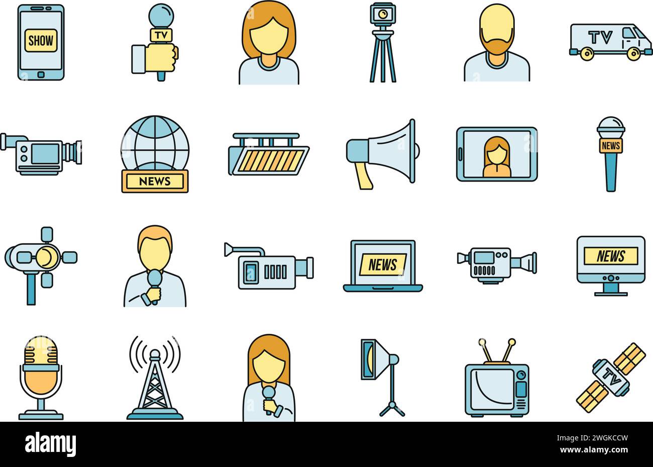 Icônes d'entrevue du présentateur TV définies. Ensemble de contour des icônes vectorielles d'interview de présentateur de télévision couleur de ligne mince plat sur blanc Illustration de Vecteur