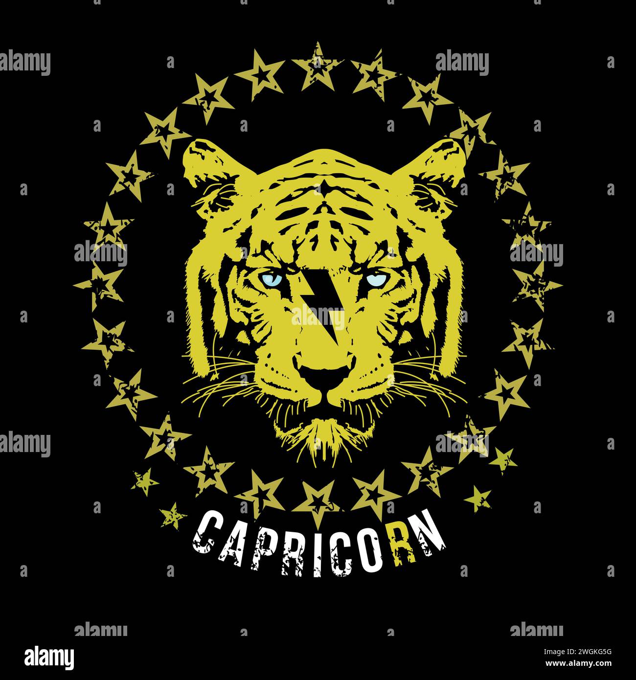 Capricorne. T-shirt design d'une tête de tigre entourée d'un cercle d'étoiles sur un fond noir et le symbole du tonnerre. Illustration de Vecteur