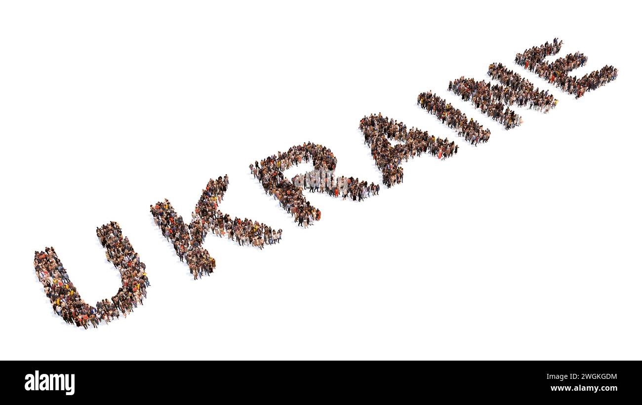 Concept ou conceptuel grande communauté de personnes formant MOT UKRAINE. 3d métaphore de l'illustration pour le patriotisme, l'amour, le pays, la culture, l'histoire, personnes Banque D'Images