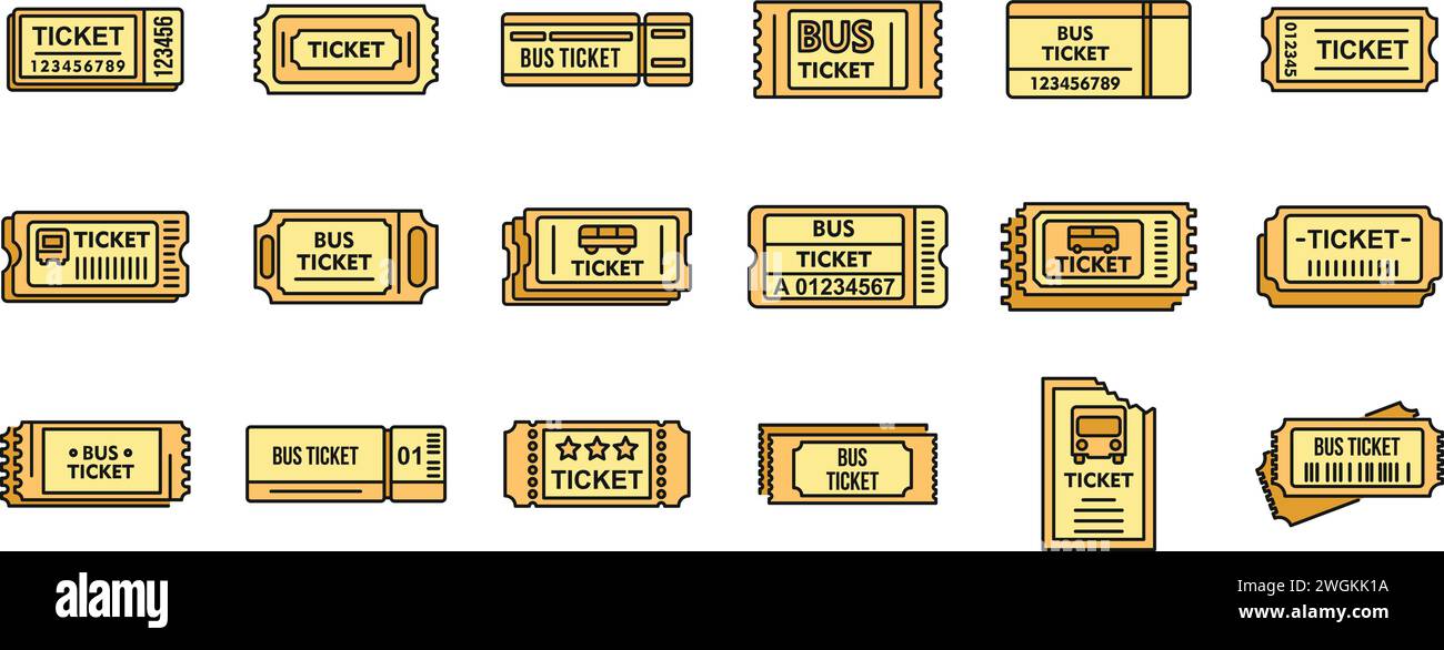 Icônes de carte d'émission de bus définies. Ensemble de contour d'icônes vectorielles de carte de billetterie de bus couleur mince plat sur blanc Illustration de Vecteur