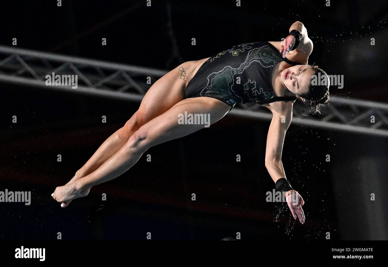 Doha, Qatar. 5 février 2024. Melissa Wu, australienne, participe à la finale féminine de plongeon sur 10 m aux Championnats du monde de natation 2024 à Doha, Qatar, le 5 février 2024. Crédit : Xia Yifang/Xinhua/Alamy Live News Banque D'Images