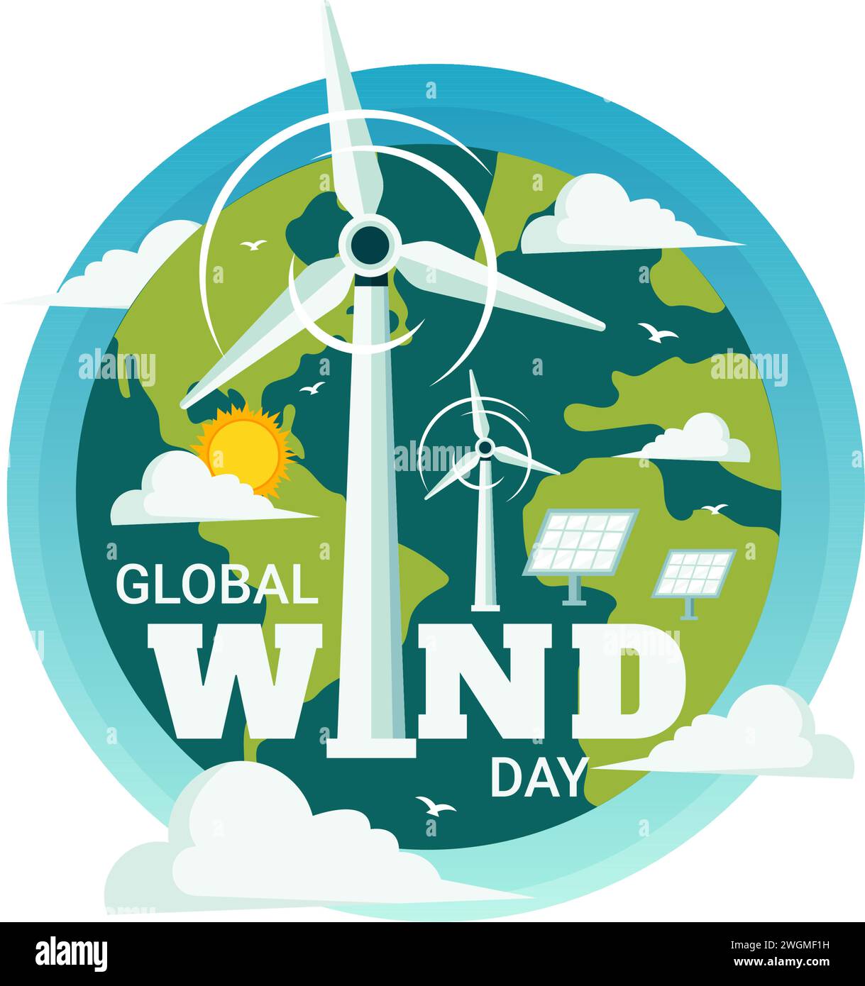 Illustration vectorielle de la Journée mondiale du vent le 15 juin avec Earth Globe et Winds turbines pour Power and Energy Systems sur Blue Sky en fond de dessin animé plat Illustration de Vecteur