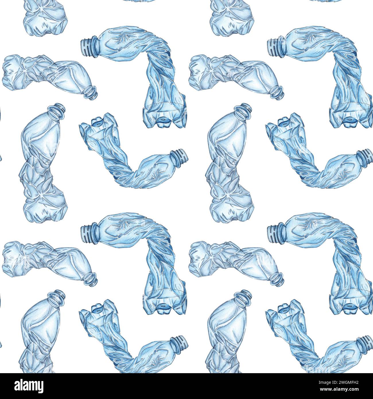 Illustration aquarelle de la pollution des déchets plastiques. Les articles en plastique sont recyclables. Isolé sur fond blanc. Problème écologique. Plastique froissé b Banque D'Images