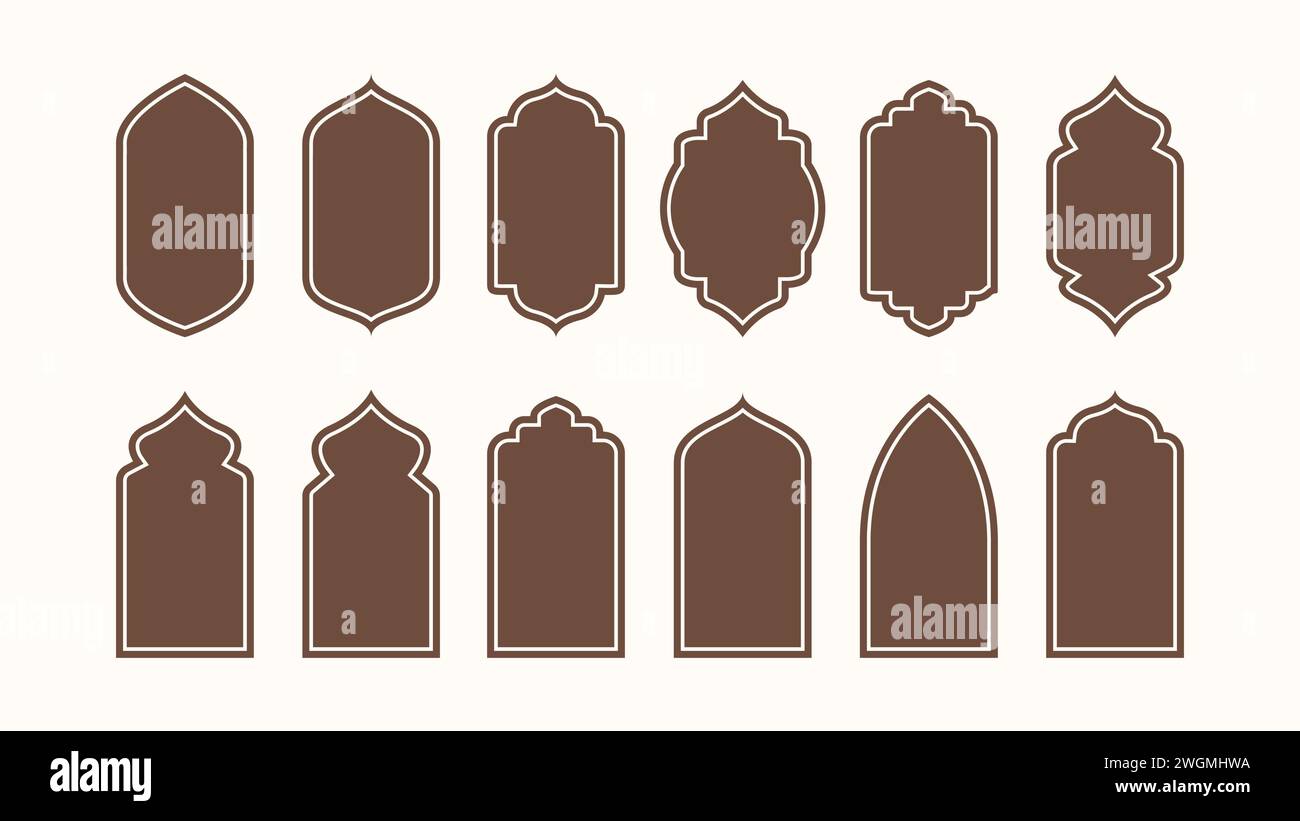 Collection de fenêtres et d'arches islamiques de style oriental avec des dessins de silhouette, des dômes de mosquée et des lanternes Illustration de Vecteur