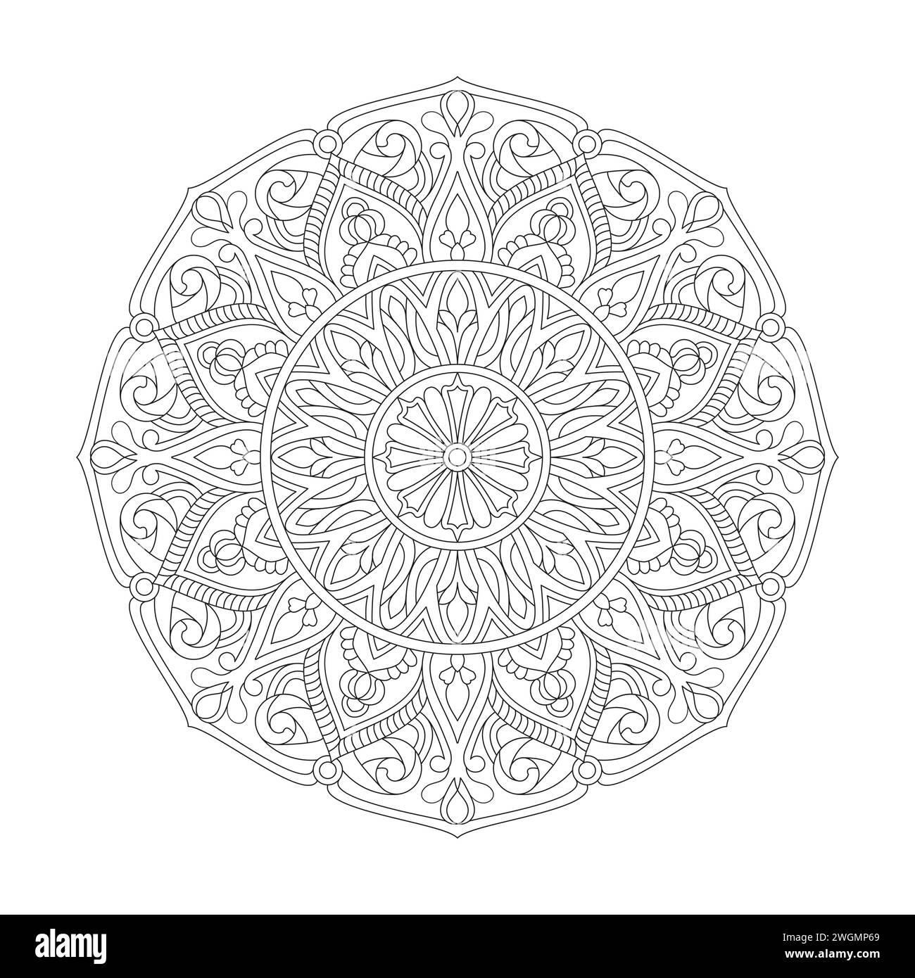 Attrayante page de livre de coloriage Whirlwind Mandala pour l'intérieur du livre kdp. Pétales paisibles, capacité à se détendre, expériences cérébrales, Harmonious Haven, Peacefu Illustration de Vecteur