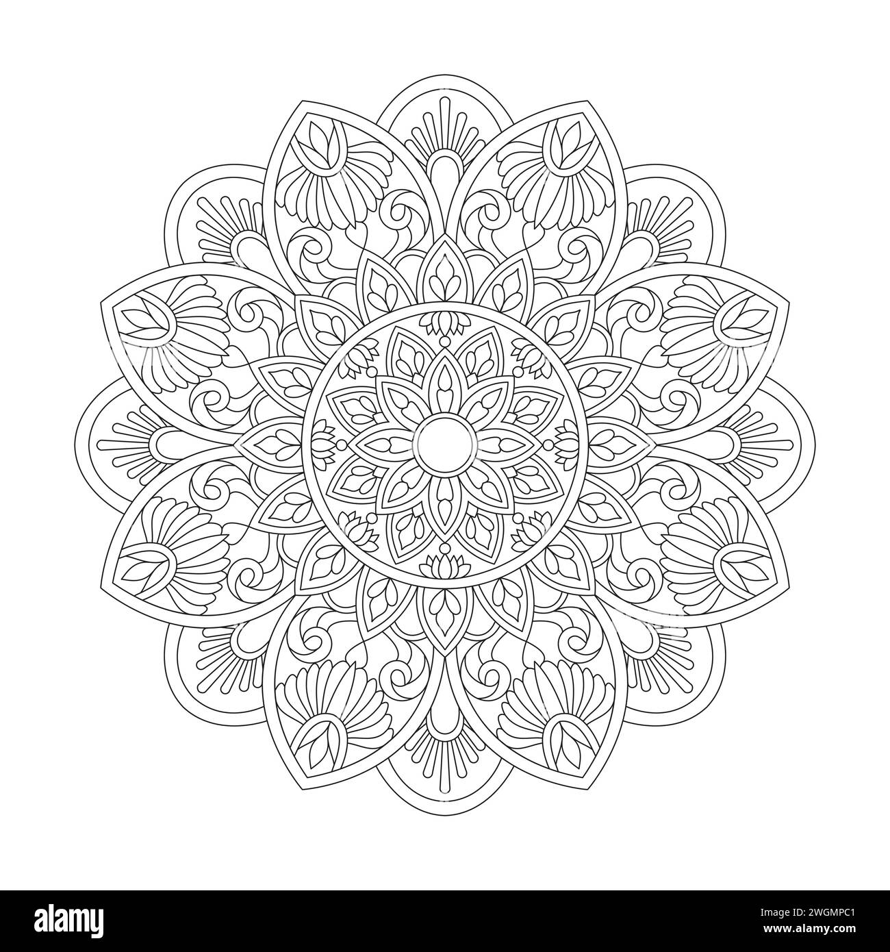 Relaxation Floral Mandala Coloring Book page pour kdp Book intérieur, pétales paisibles, capacité de se détendre, expériences cérébrales, Haven harmonieux, paisible P Illustration de Vecteur