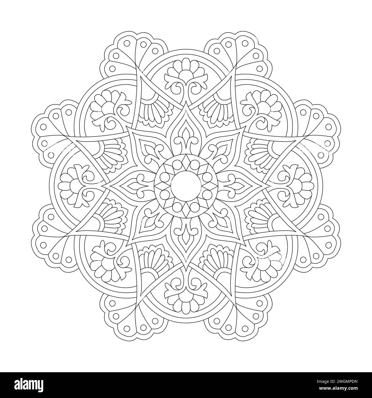 Page de livre de coloriage Mandala complexe Mindfulness pour l'intérieur du livre KDP. Pétales paisibles, capacité à se détendre, expériences cérébrales, Haven harmonieux, paix Illustration de Vecteur