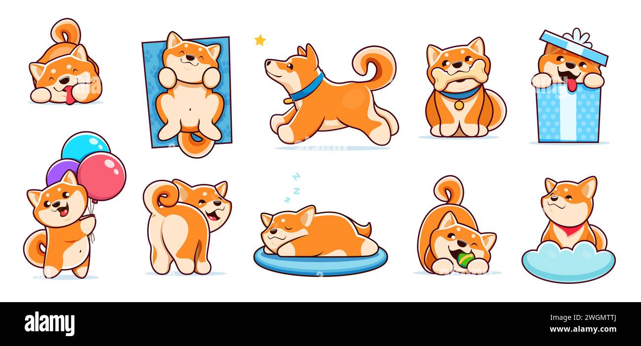 Dessin animé kawaii animal de compagnie mignon shiba inu chien et chiot personnages. Personnages vecteurs drôles d'animaux de compagnie de race japonaise, chiens de bébé heureux jouant avec des jouets de balle et d'os. Chiots Shiba inu qui dorment, courent Illustration de Vecteur
