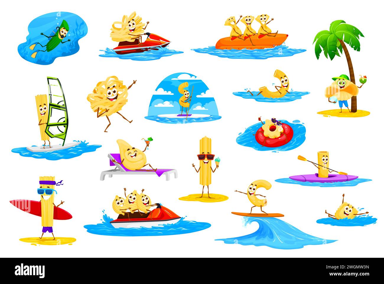 Personnages de pâtes de dessin animé sur les vacances à la plage d'été. Personnages vectoriels de nourriture de macaroni italien mignons nageant et plongeant dans les vagues de la mer. Spaghetti drôles, farfalle, penne, fusilli avec planches de surf, lunettes de soleil Illustration de Vecteur