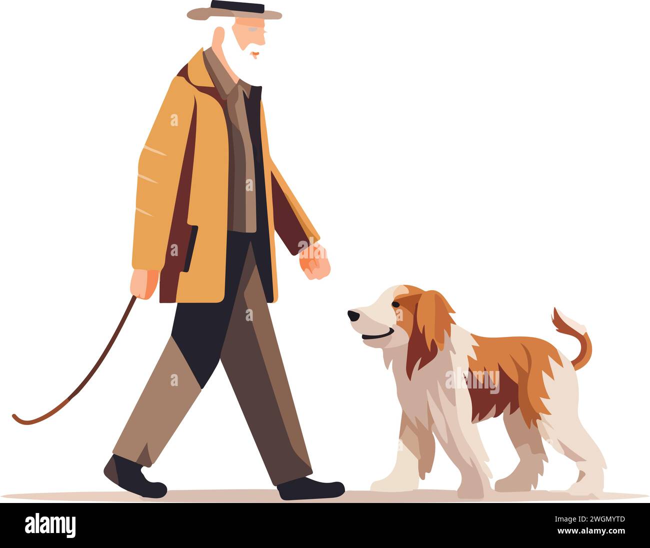 Un vieil homme marchant avec son chien mignon. Heureux propriétaire d'animal de compagnie. Adorable ami chien. Illustration vectorielle plate Illustration de Vecteur