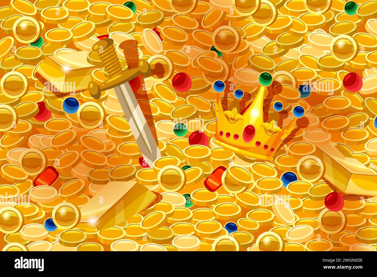 Fond de pièce d'or, pile de pièces d'or, épée de couronne d'artefacts anciens, trésor de pierres précieuses vue de dessus. Motif d'illustration vectorielle Illustration de Vecteur