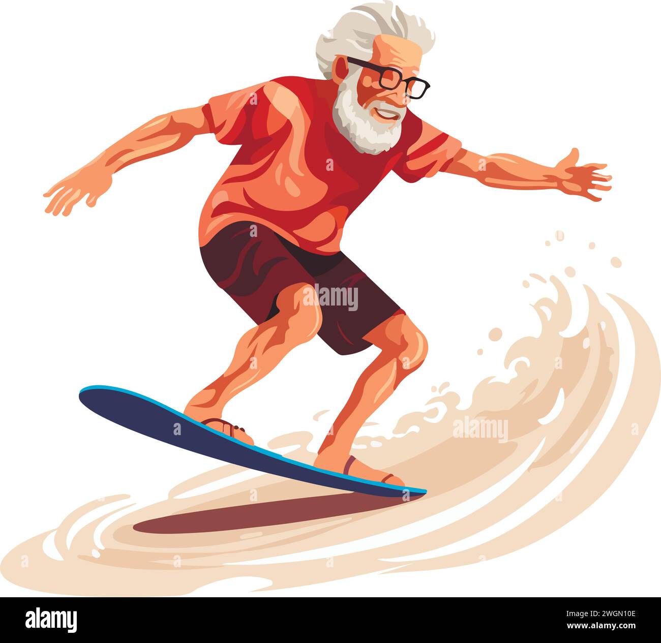 Illustration de style plat vectoriel d'un vieil homme sur planche de surf, vagues de surf, vieil homme retraité sportif, sports nautiques, style de vie actif et inconvénients du corps Illustration de Vecteur