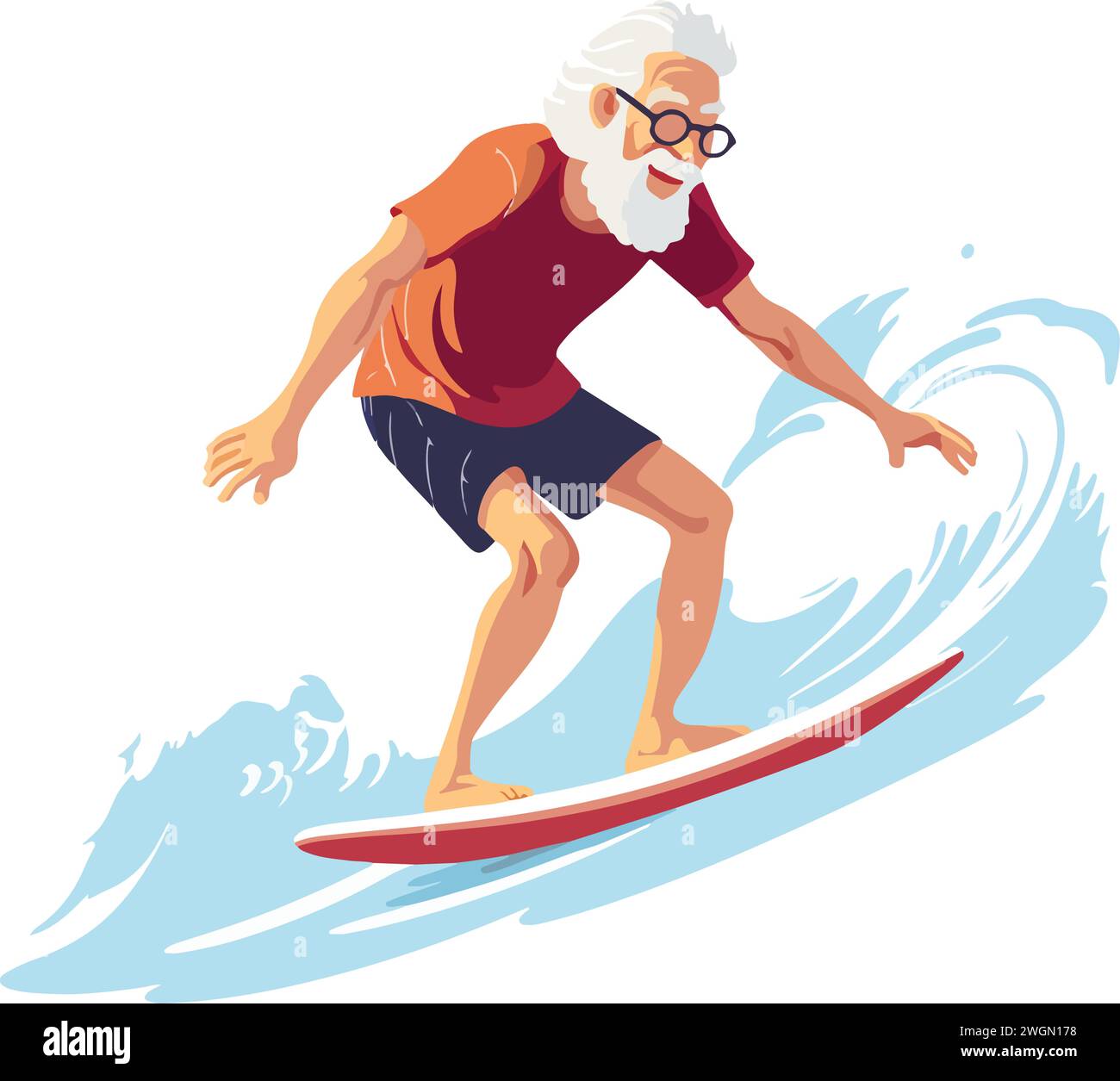 Illustration de style plat vectoriel d'un vieil homme sur planche de surf, vagues de surf, vieil homme retraité sportif, sports nautiques, style de vie actif et inconvénients du corps Illustration de Vecteur