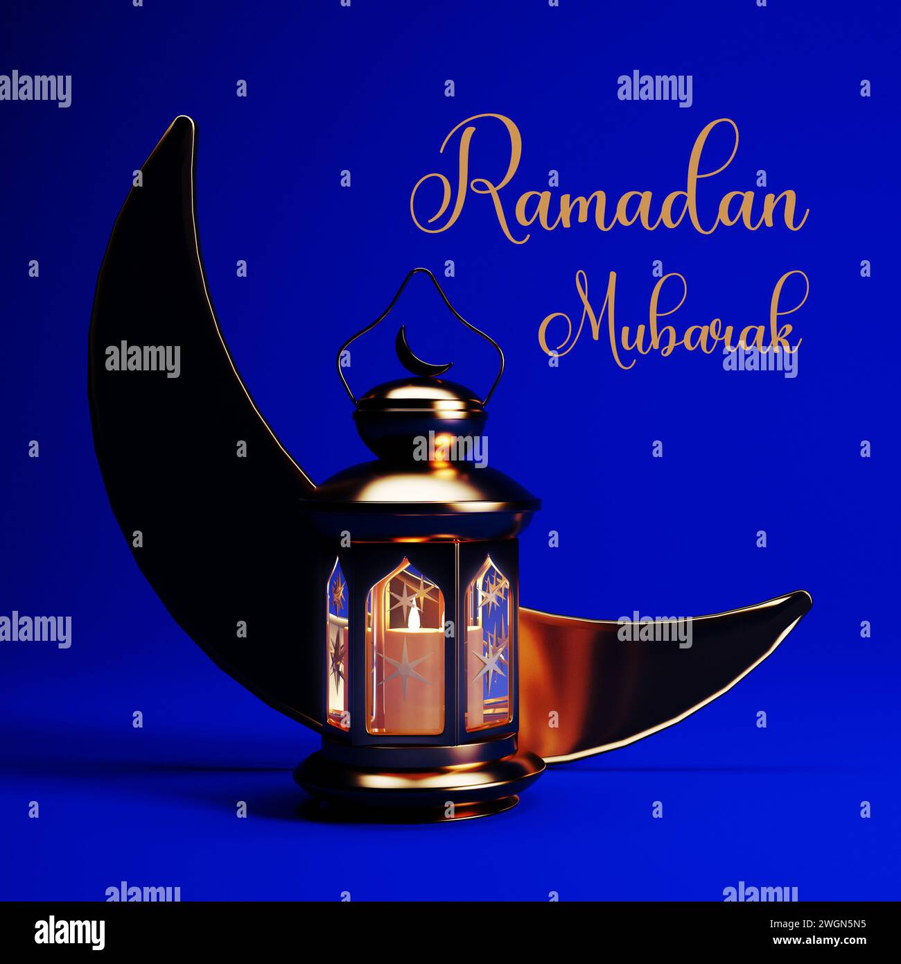 Ramadan Moubarak fond avec lanterne dorée, et croissant de lune, rendu 3D. Conception de papier peint Mubarak mois Saint musulman Ramadan. Banque D'Images