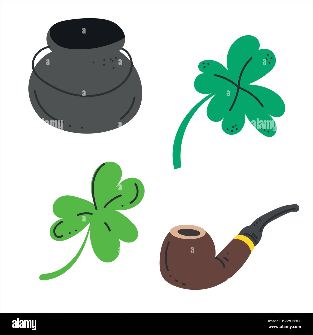 Dessiner illustration vectorielle éléments doodle pour St Patrick's Day Cartoon style.pot couldaron, trèfle, shamrokc, pipe. Style groovy dessiné à la main. Illustration de Vecteur