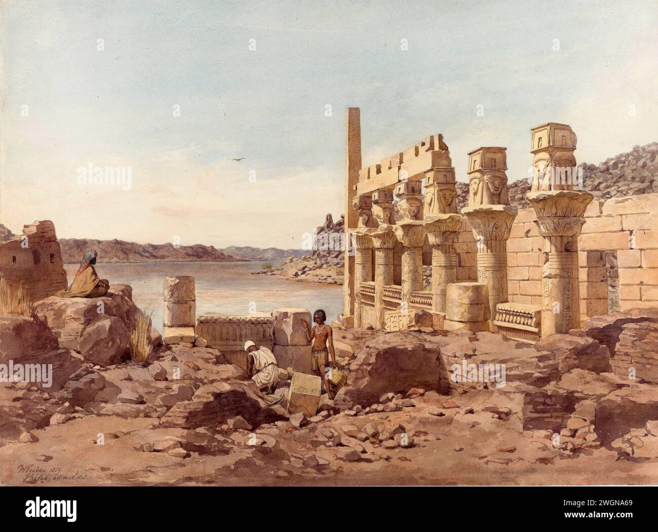 Égypte - vue des ruines du temple à Philae près d'Assouan par Willem de Famars Testas en 1859 Banque D'Images