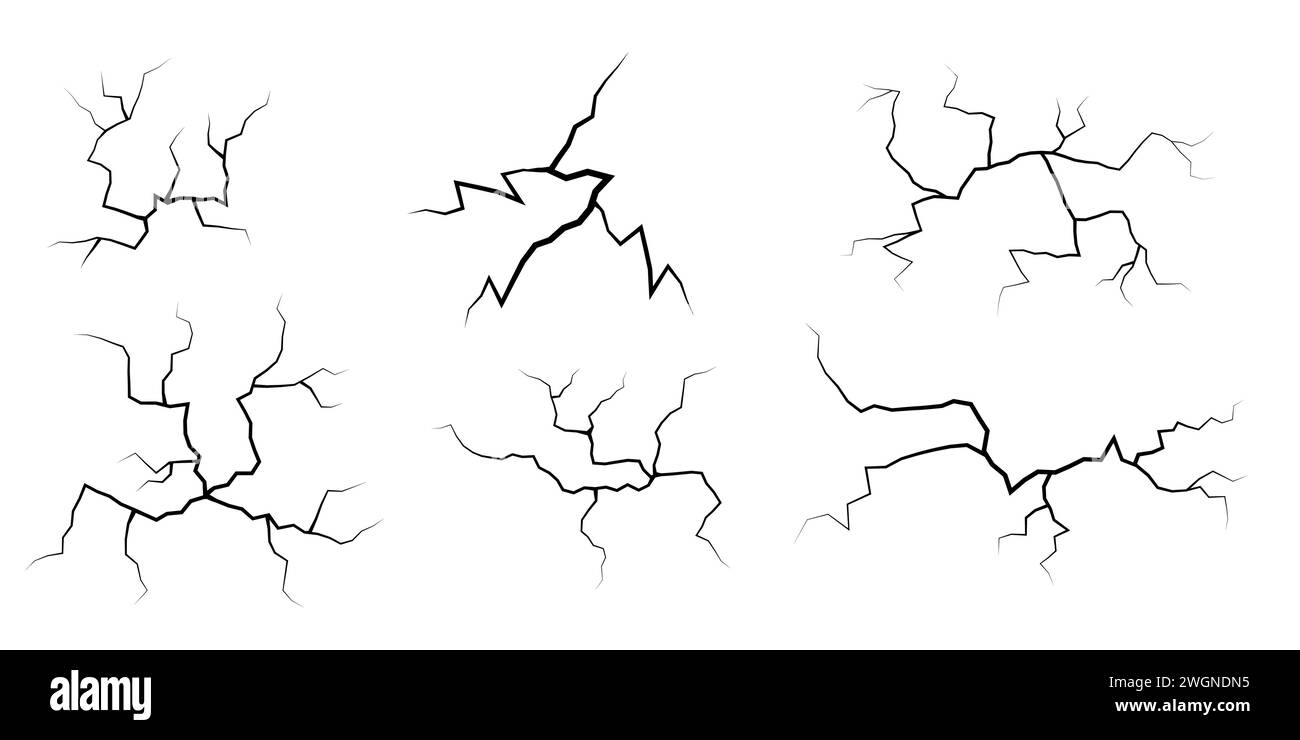 Jeu de fissures. Collection de différents éclairs noirs. Fissure de terre. Mettez l'orage et la foudre. Illustration vectorielle de phénomènes naturels sur Illustration de Vecteur