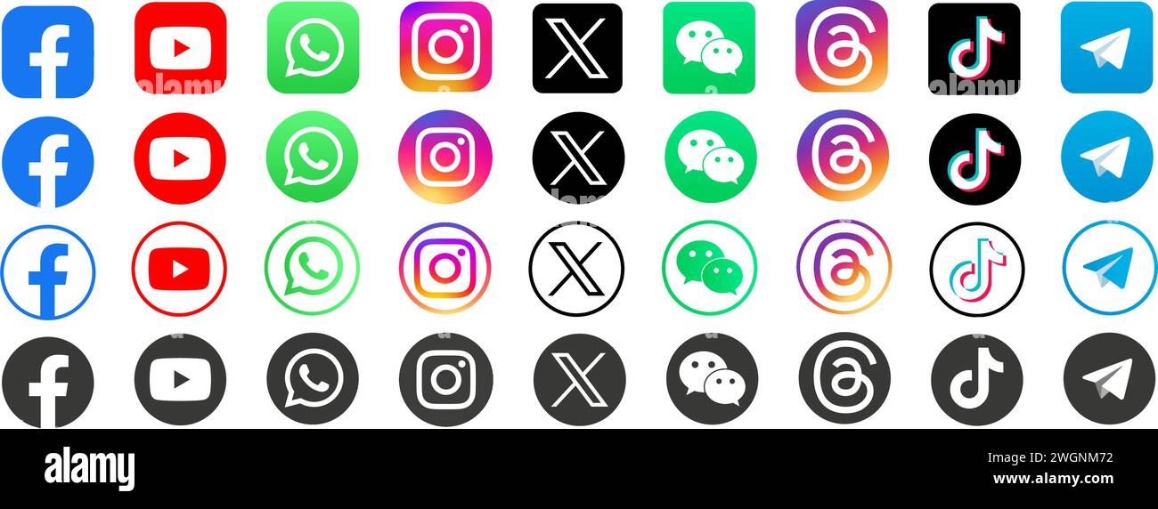Facebook, threads, X, twitter, instagram, youtube, snapchat, pinterest, whatsapp, linkedin, tiktok Illustration de Vecteur