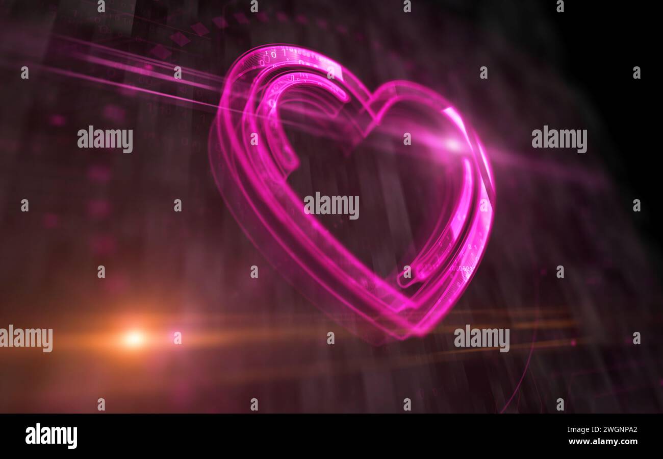 Cœur amour et concept numérique de symbole romantique. Réseau, signe de cybertechnologie et icône abstraite de fond d'ordinateur illustration 3D. Banque D'Images