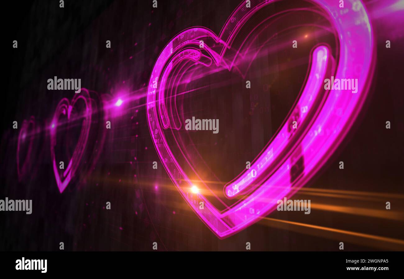 Cœur amour et concept numérique de symbole romantique. Réseau, signe de cybertechnologie et icône abstraite de fond d'ordinateur illustration 3D. Banque D'Images