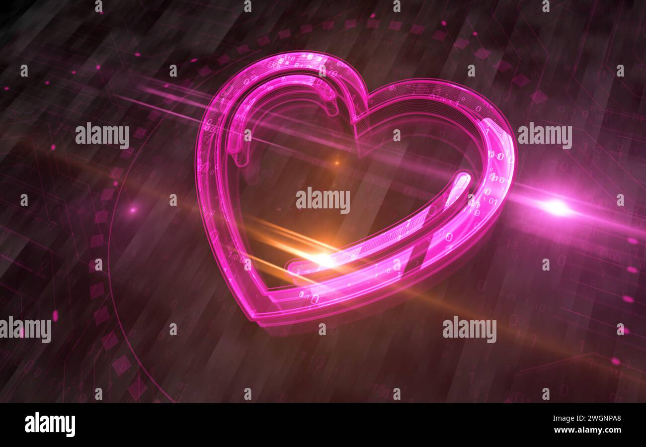 Cœur amour et concept numérique de symbole romantique. Réseau, signe de cybertechnologie et icône abstraite de fond d'ordinateur illustration 3D. Banque D'Images