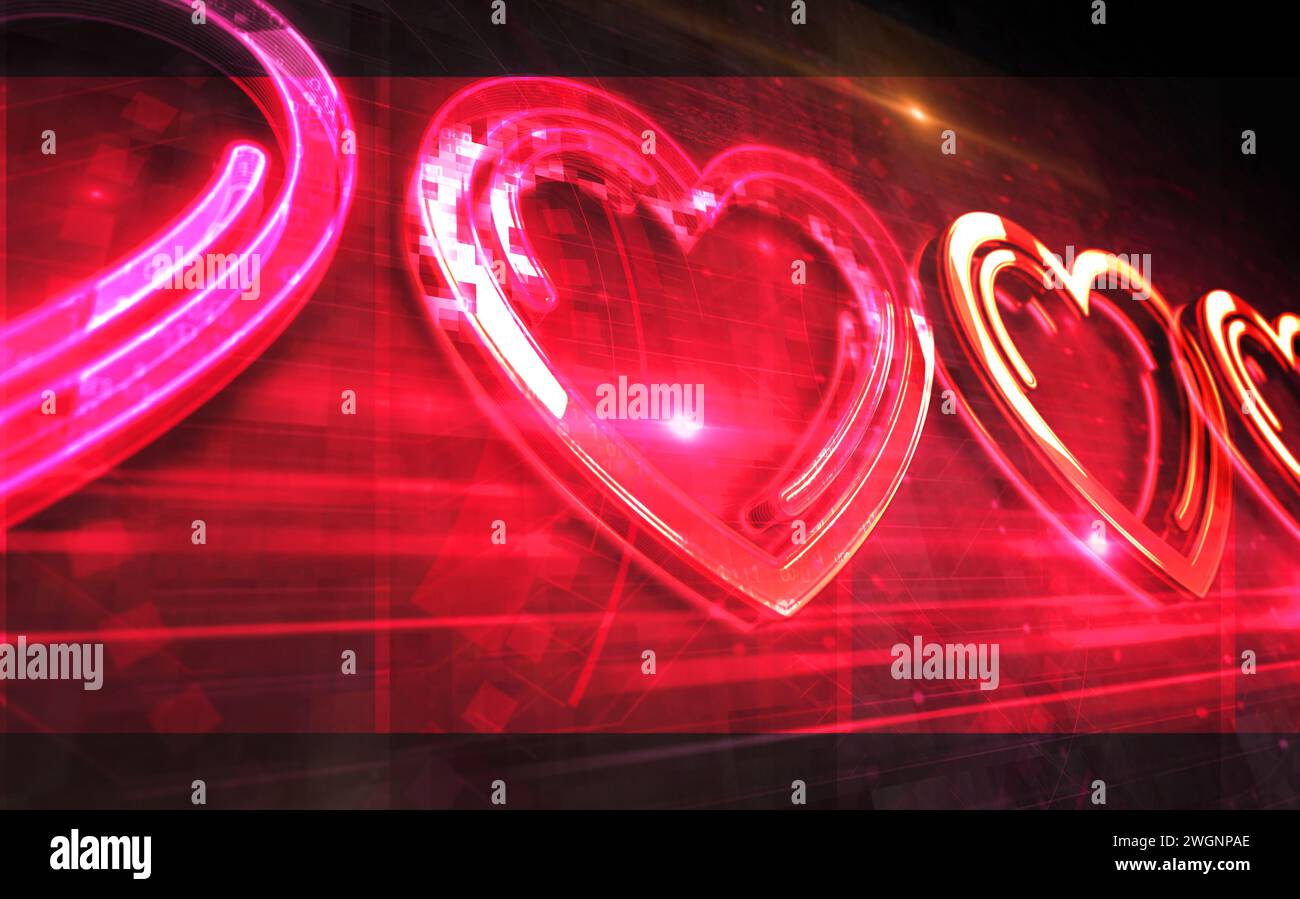 Cœur amour et concept numérique de symbole romantique. Réseau, signe de cybertechnologie et icône abstraite de fond d'ordinateur illustration 3D. Banque D'Images