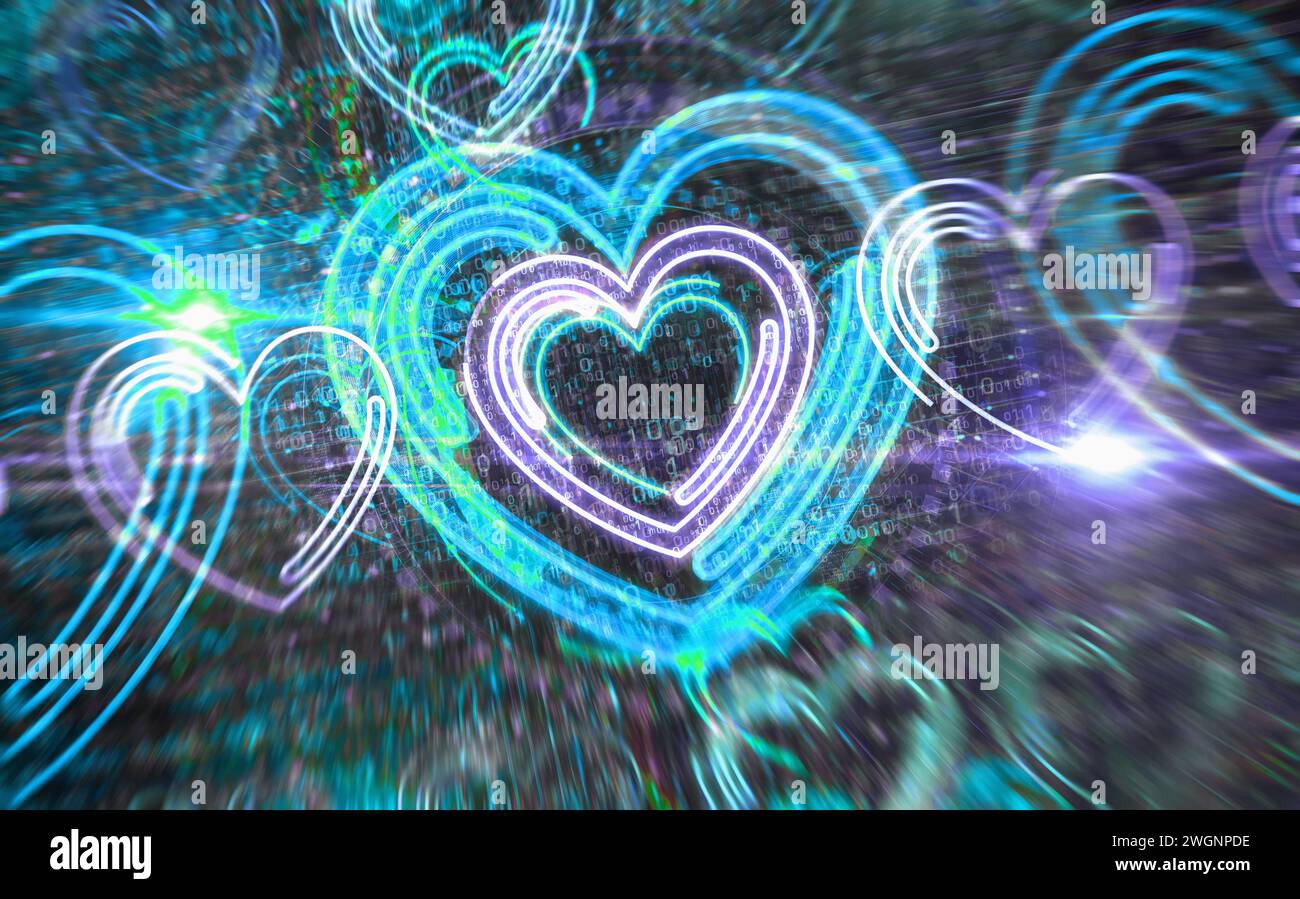 Cœur amour et concept numérique de symbole romantique. Réseau, signe de cybertechnologie et icône abstraite de fond d'ordinateur illustration 3D. Banque D'Images