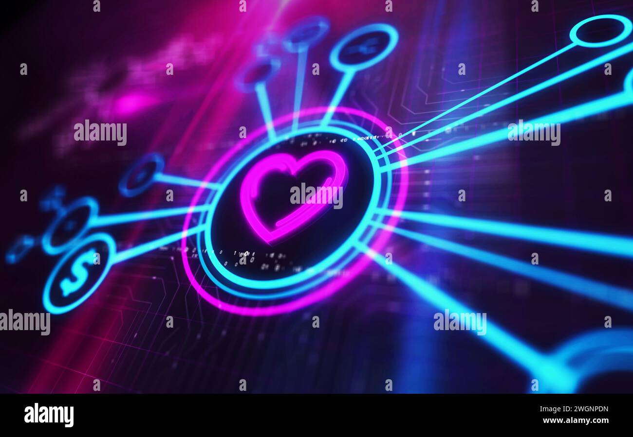Cœur amour et concept numérique de symbole romantique. Réseau, signe de cybertechnologie et icône abstraite de fond d'ordinateur illustration 3D. Banque D'Images