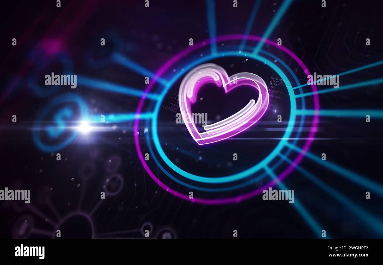Cœur amour et concept numérique de symbole romantique. Réseau, signe de cybertechnologie et icône abstraite de fond d'ordinateur illustration 3D. Banque D'Images