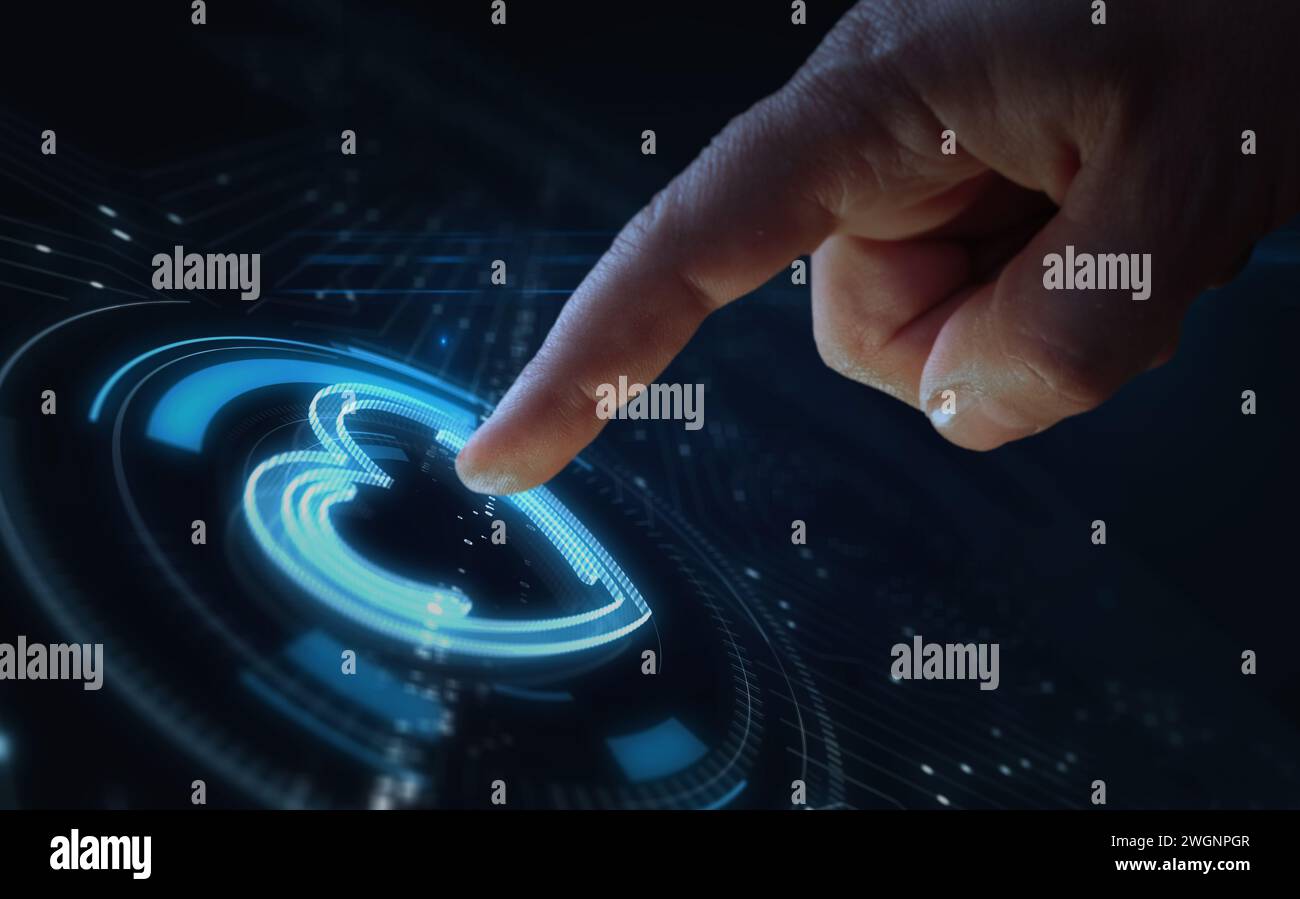 Cœur amour et symbole romantique touch concept numérique. Réseau, signe de cybertechnologie et icône abstraite de fond d'ordinateur illustration 3D. Banque D'Images