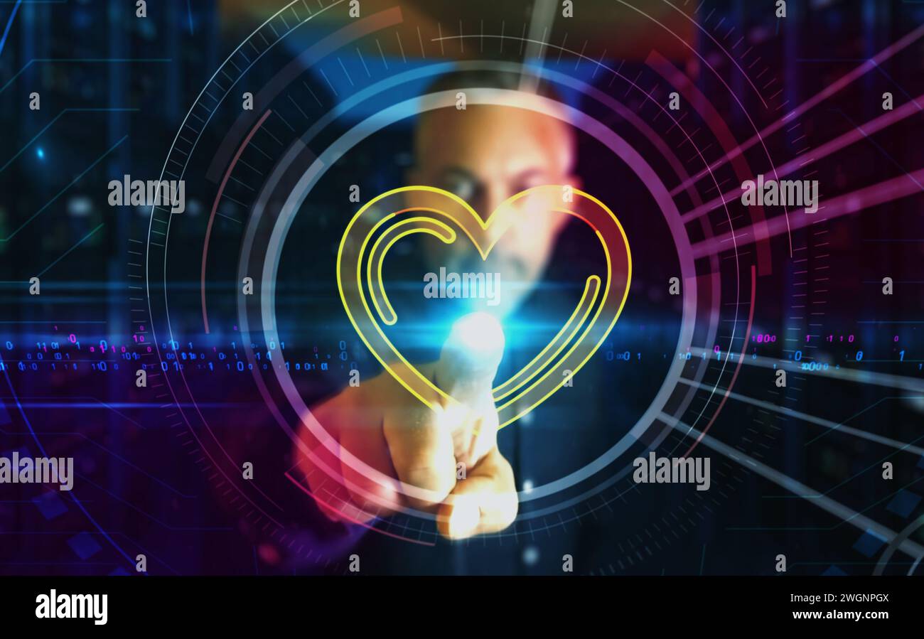 Cœur amour et symbole romantique touch concept numérique. Réseau, signe de cybertechnologie et icône abstraite de fond d'ordinateur illustration 3D. Banque D'Images