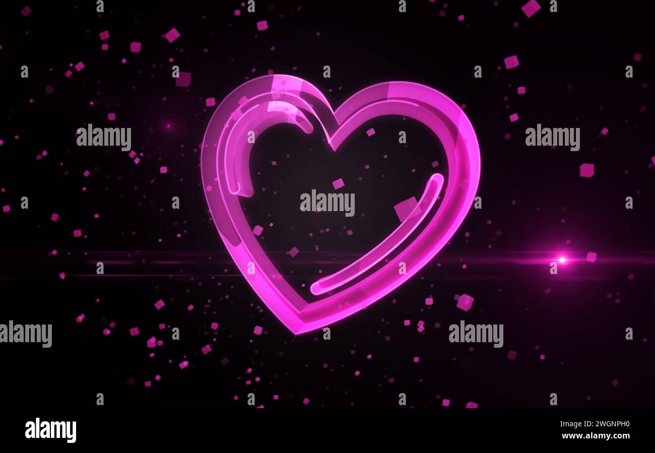 Cœur amour et concept numérique de symbole romantique. Réseau, signe de cybertechnologie et icône abstraite de fond d'ordinateur illustration 3D. Banque D'Images