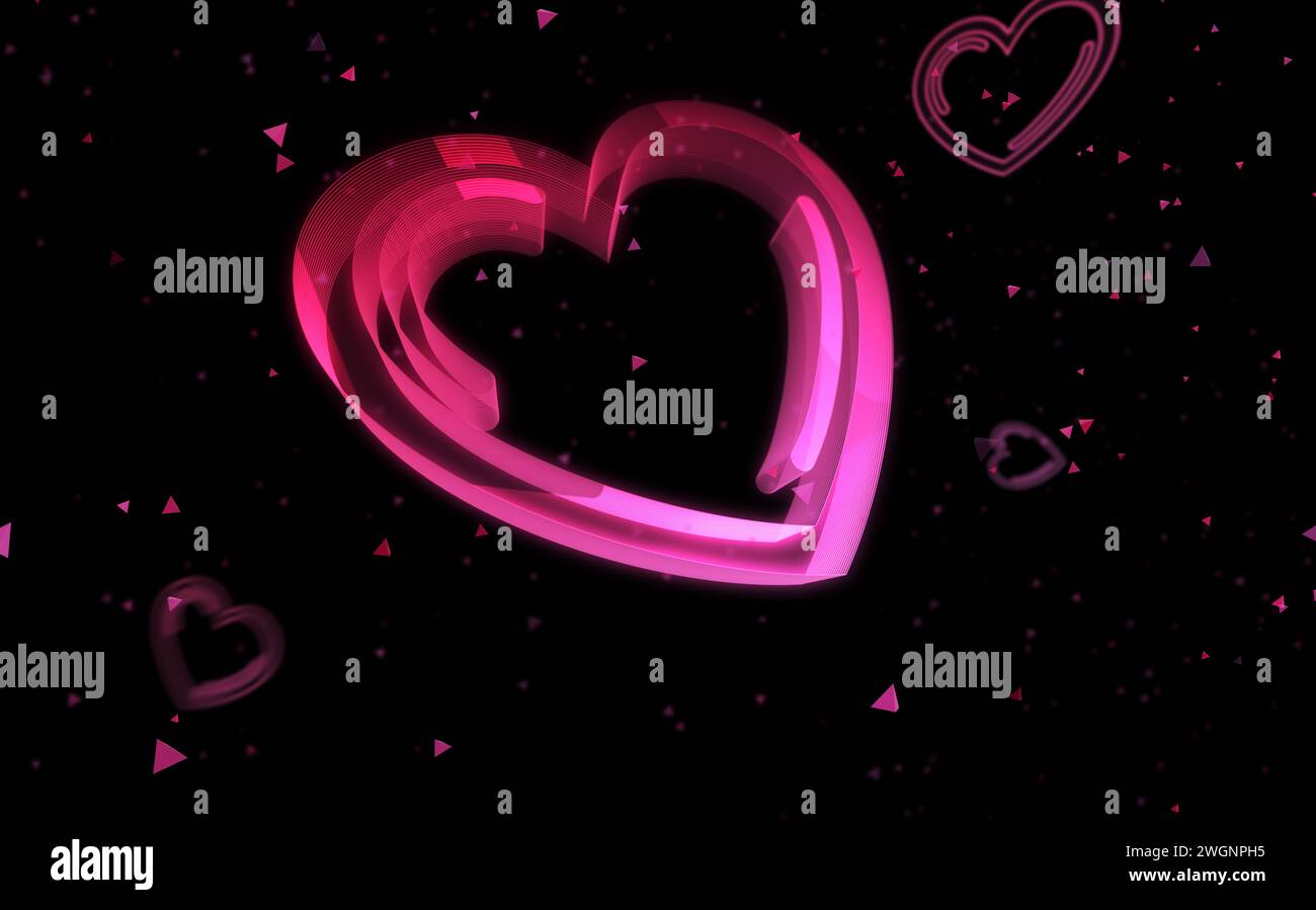 Cœur amour et concept numérique de symbole romantique. Réseau, signe de cybertechnologie et icône abstraite de fond d'ordinateur illustration 3D. Banque D'Images