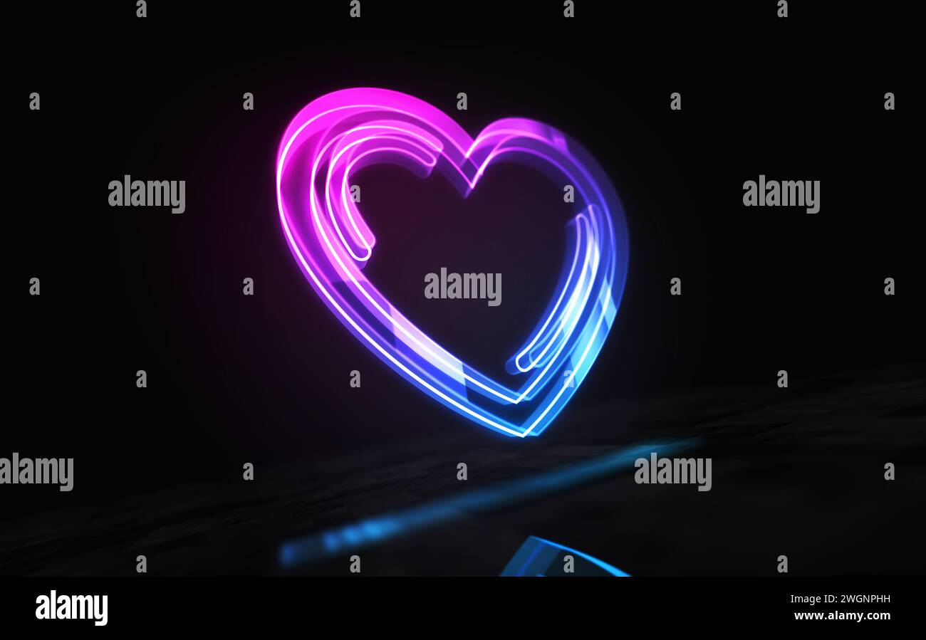 Cœur amour et concept numérique de symbole romantique. Réseau, signe de cybertechnologie et icône abstraite de fond d'ordinateur illustration 3D. Banque D'Images